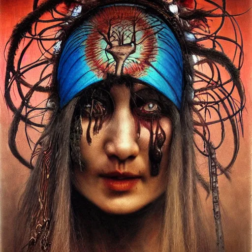 Image similar to A young blindfolded shaman woman with a decorated headband from which blood flows, in the style of heilung, blue hair and wood on her head. The background is a forest on fire, made by Esao Andrews and Karol Bak and Zdzislaw Beksinski,