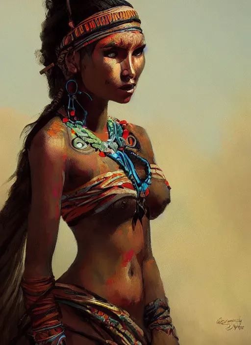 Image similar to A painting of a very beautiful tribal woman trending on artstation in the style of Greg Rutkowski, in style of Charles Sillem Lidderdale