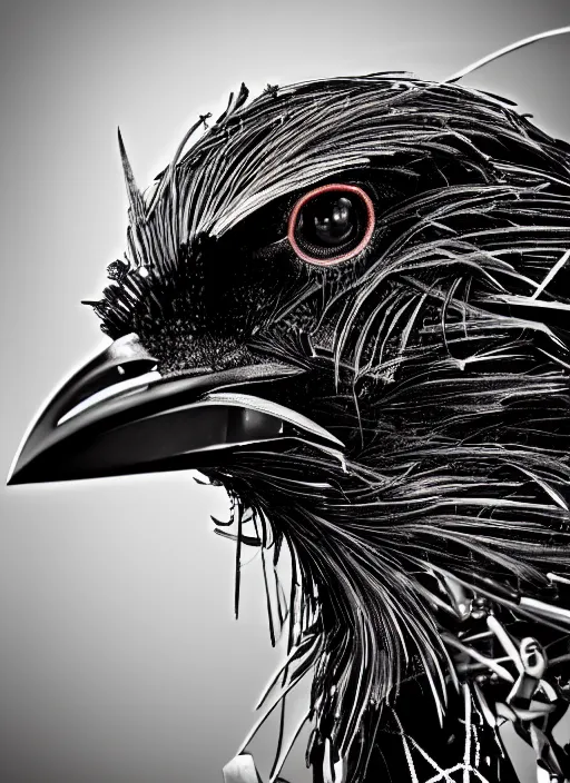 Prompt: a stunning young vegetal female crow - cyborg profile face, face is made intricate tribal bio - mechanical, editorial photography, bw, shot on 7 0 mm, depth of field, f / 2. 8, high contrast, 1 6 k, volumetric lighting, shiny, insanely detailed and intricate, hypermaximalist, elegant, ornate, hyper realistic, super detailed