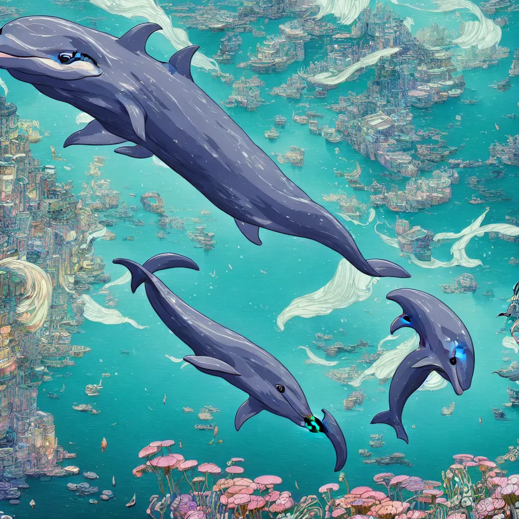 Image similar to a beautiful hyperdetailed character design 4 k wallpaper illustration of a cute dolphin, city by the sea, victo ngai cyberpunk style, from china, style of studio ghibli, makoto shinkai, raphael lacoste, louis comfort tiffany, artgerm, james jean, ross tran, chinese style