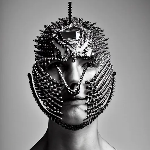 Image similar to a portrait of a beautiful young male wearing an alexander mcqueen armor made of piercings, photographed by andrew thomas huang, artistic