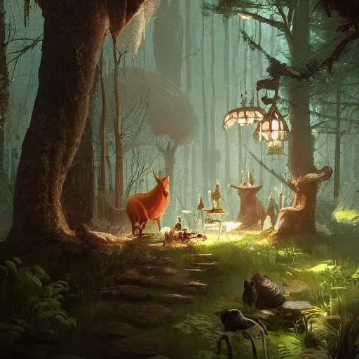 Image similar to A Tame Creature Restaurant in the Lost Woods ,Greg rutkowski, Trending artstation, cinematográfica, digital Art