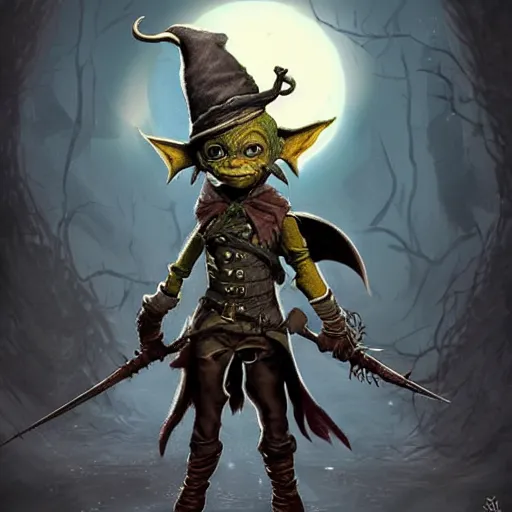 Image similar to cute tiny goblin girl wearing hunter armor from Bloodborne and a wizard hat, geeen skin, d&d, drawn by shadman