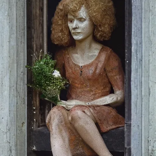 Image similar to Eleanor Rigby, Picks up the rice in the church where a wedding has been, Lives in a dream, Waits at the window, Wearing the face that she keeps in a jar by the door, Who is it for?