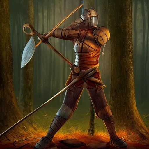 Image similar to a woodland knight made of wood holding a giant club, in a dark forest, digital art, high quality render, artstation, 8 k, photograph quality, ultrahd, in the style of dungeons and dragons