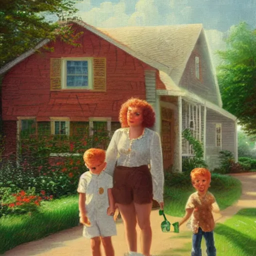Prompt: painting of a young, orange hair mom, cool, hipster dad, brown curly headed baby and brown poodle in front of a white single story 1 9 5 0's farm house, in the style of thomas kinkade
