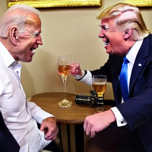 Image similar to joe biden and donald trump getting drunk together at a pub, laughing and joking, at night