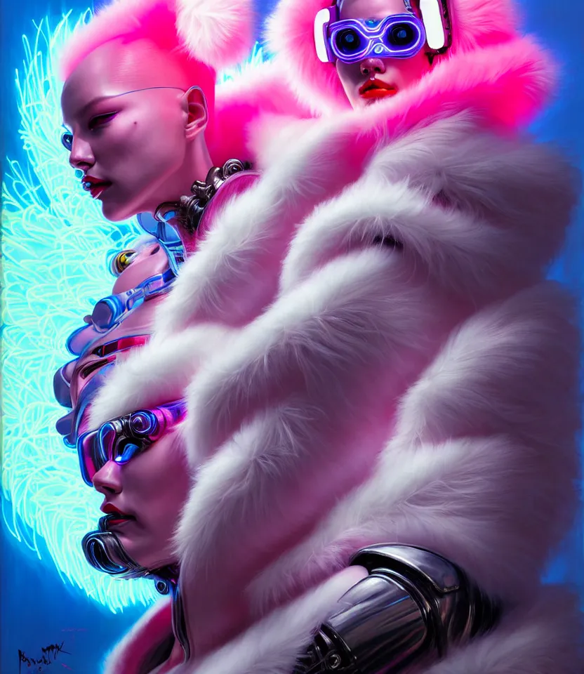 Image similar to beautiful fantasy character portrait, wearing neon technicolor puffy bomber jacket with white fur, seductive reclining pose, futuristic robots sitting, ultra realistic, dramatic lighting, robots, the fifth element artifacts, highly detailed by peter mohrbacher, hajime sorayama, wayne barlowe, boris vallejo, aaron horkey, gaston bussiere, craig mullins
