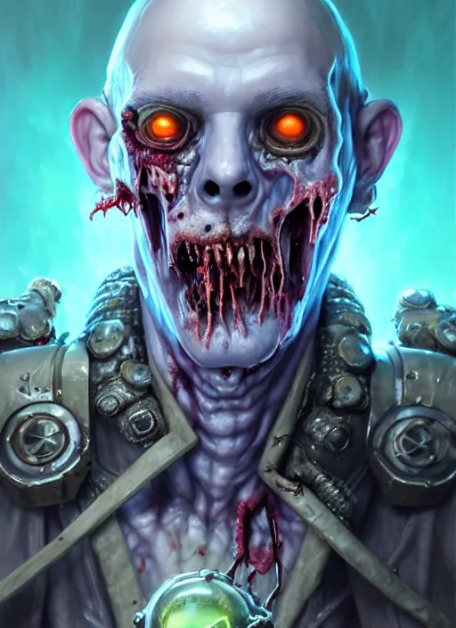 Prompt: a closeup of a realistic zombie necromantic wizard fantasy overwatch character portrait, ultra realistic, wide angle, intricate details, the fifth element artifacts, highly detailed by peter mohrbacher, hajime sorayama, wayne barlowe, boris vallejo, aaron horkey, gaston bussiere, craig mullins