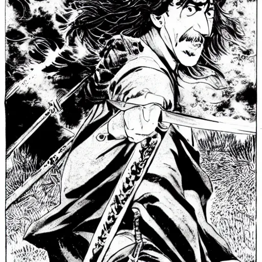 Image similar to Frank Zappa golden Vagabond magic swordsman!!!! glides through a beautiful battlefield. Full body portrait!!! Graphic Novel Panel!!! magic the gathering dramatic esoteric pen and ink illustrated in high detail by Hiroya Oku!!!!!!!, Moebius, and Tatsuki Fujimoto!!!!! shonen jump 2002