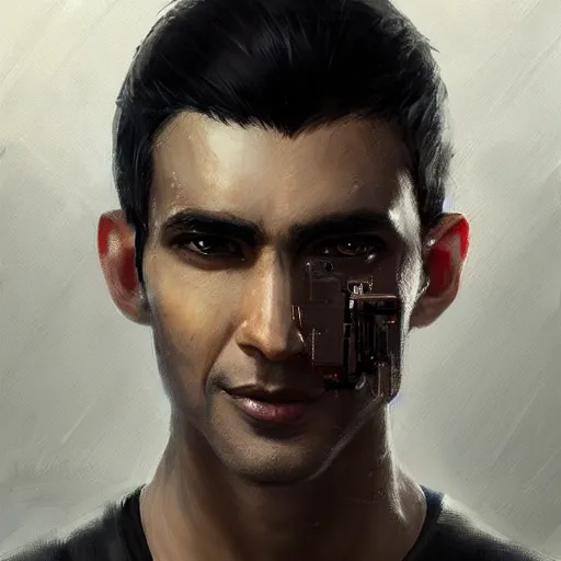 Image similar to portrait of a cyborg by greg rutkowski, he is about 3 0 years old, indian, very tall and slender, messy long black hair, he is wearing a black t - shirt, highly detailed portrait, digital painting, artstation, concept art, smooth, sharp foccus ilustration, artstation hq