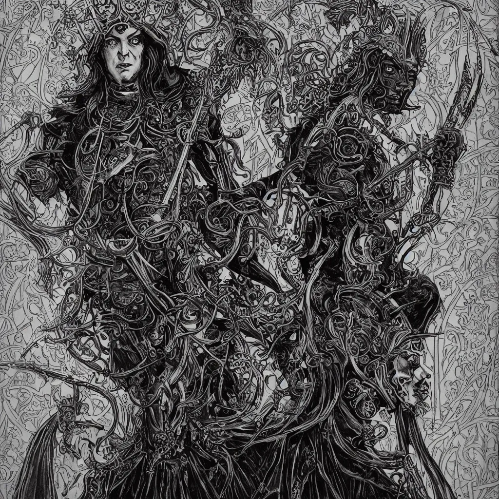 Prompt: A colorful art nouveau bust portrait of Elric in black shining armor, holding a rune-engraved black broadsword that glows with eldritch power, wearing an intricately detailed chaos star crown, by P. Craig Russell, Michael Kaluta and Jia Ruan, fantasy, crisp lighting and edges, dark ambience, malevolent expression, determination, fear, confidence, accurate symmetrical facial details, aquiline facial features, medieval fantasy designs, white wolf, anime style