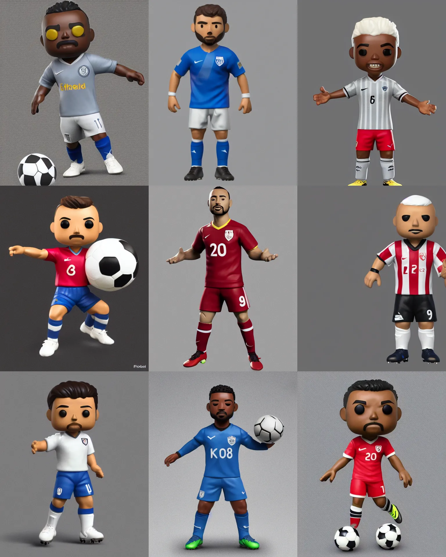 Prompt: full body 3 d render of a soccer player as a funko pop!, studio lighting, grey background, single body, no shadow, blender, trending on artstation, 8 k, highly detailed