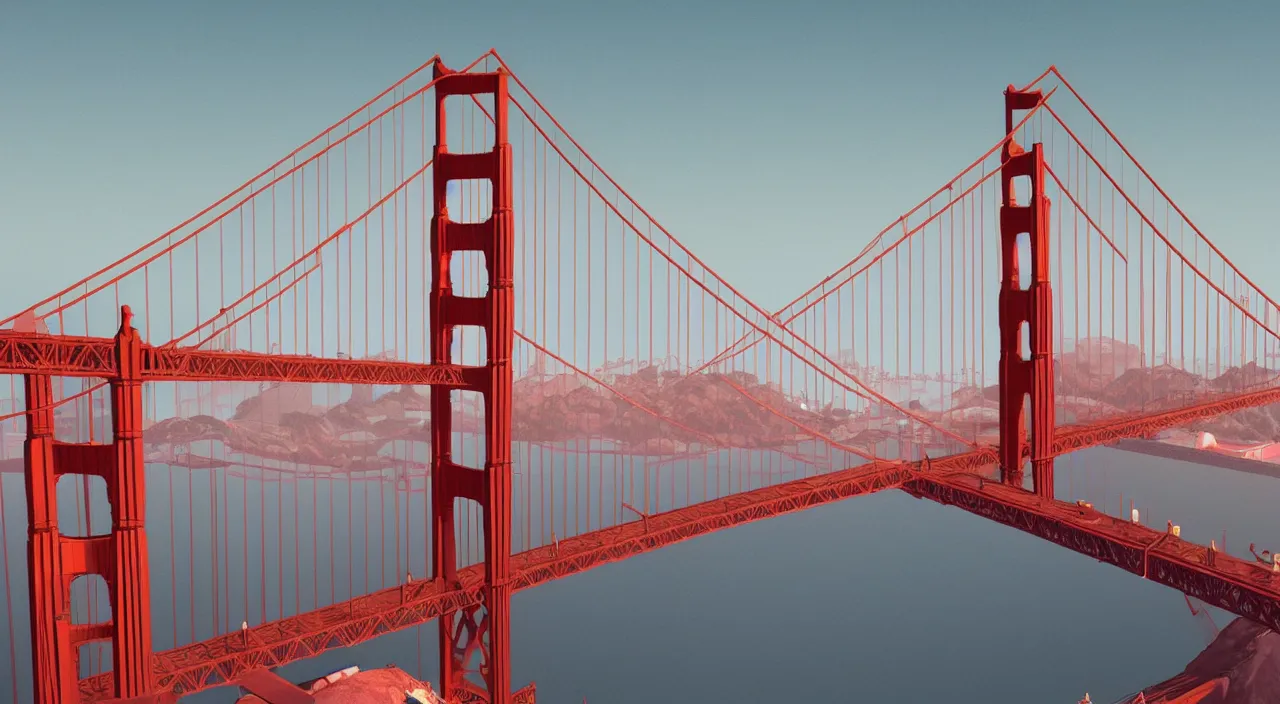 Image similar to Golden Gate Bridge , painting overlay by beeple by Raffaello Sanzi and Chao Teng Zhao, centered,pixar and dremwork artstation, smooth, sharp focus, octane render, 3d rim light