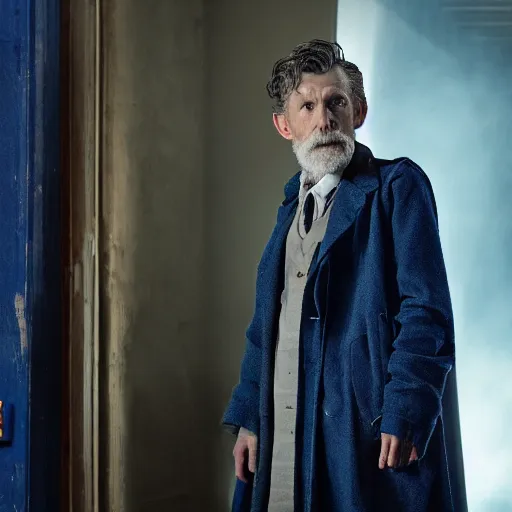 Image similar to tom holland as a rough dirty old man with a scruffy beard in a dark blue trenchcoat as the new doctor who, cinematic, volumetric lighting, f 8 aperture, cinematic eastman 5 3 8 4 film, photorealistic