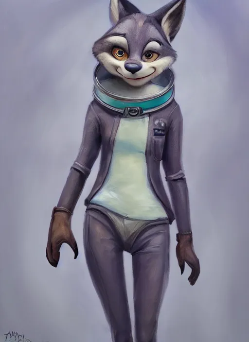 Image similar to oil painting detailed full body of anthromorphic female wolf, in style of zootopia, zootopia, zootopia, fursona, furry, furaffinity, 4 k, deviantart, furry art, fursona art, wearing astronaut outfit, in style of zootopia, wolf fursona, cyberpunk, female, expressive, detailed feminine face,