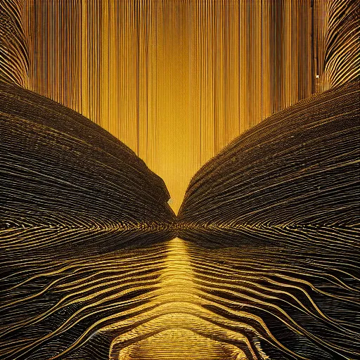 Prompt: gold river in black landscape by jeffrey smith and wlop and gustave dore, featuring rhodium wires, circuitry, code, binary, cryptonomicon, dmt entity, ambient occlusion, 3 d concept render, scientifically accurate, artstation, intricate, beautiful, look at that detail!