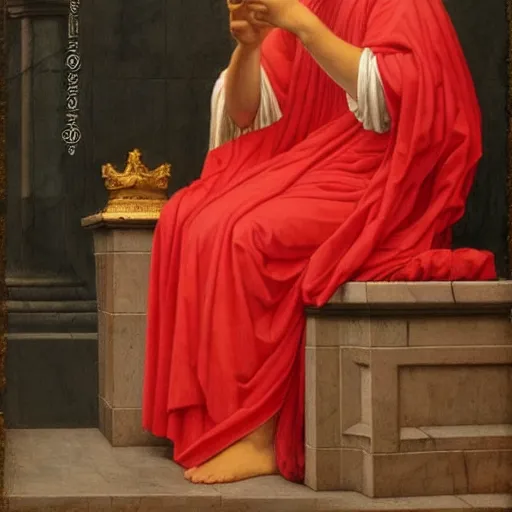 Prompt: a painting of a man in a red robe sitting on a throne, a statue by John William Godward, cgsociety, socialist realism, art, academic art, masterpiece