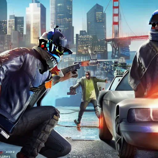 Prompt: Watch dogs 2057 cover , futuristic, realistic, ultra hd, 4k, concept art, shooting a gun, explosions, sharp