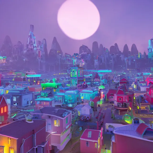 Prompt: new england futuristic fantasy city with a giant ice cream mountain range in the background, chimneys on buildings, colorful ice cream, light cinematic, otherworldly, volumetric, realistic, cinematic lighting, ray tracing, unreal engine 5, unreal engine render, octane render, hyper realistic, photo, 8 k