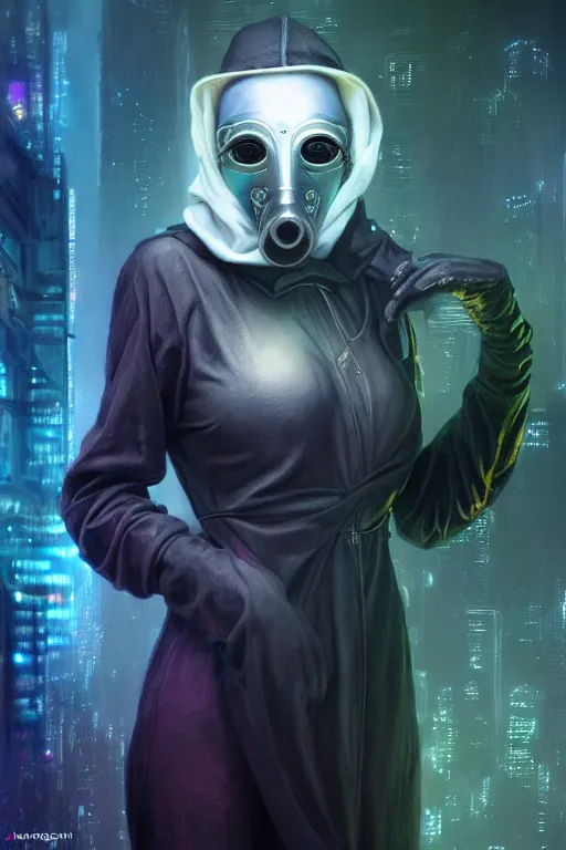 Image similar to wow! 3 / 4 stunning photorealistic portrait of a female plague doctor with a nebula aura in a kowloon! cyberpunk cityscape, bioluminescent bodysuit, acid rain, dark scifi, by artgerm and sorayama and alphonse mucha, ultrarealistic, hyperdetailed, trending on artstation, octane render