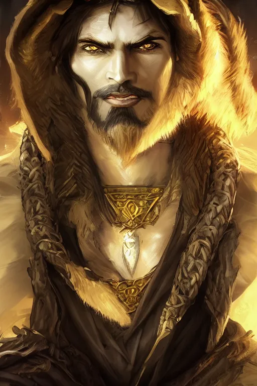 Image similar to portrait of young wild arabian nomad half werewolf, with yellow cloths, league of legends splash art, castlevania, hearthstone splash art, full body shot, rule of thirds, ultrafine hyperrealistic detailed face, artgerm, greg rutkowski, trending on artstation, 8 k, intricately detailed, highly detailed