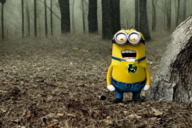 Prompt: a still of a minion in blair - witch project ( 1 9 9 9 ), real life, cinematic, detailed, move still, ultra realistic face, accurate, 8 k, hd