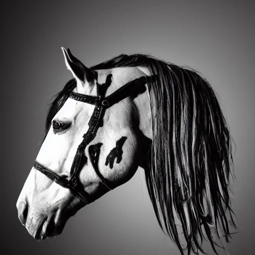 Prompt: a photo of horse with human face, gothic style, skulls are lying underneath