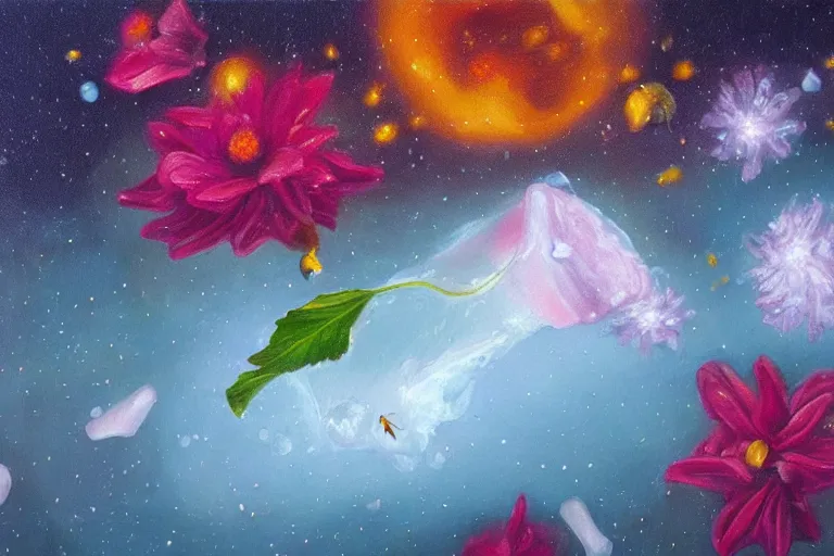 Image similar to hyperrealism oil painting, ice cube with flowers and fireflies, gradient mixed with nebula sky, in style of baroque