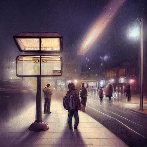 Image similar to a some people waiting in a lone bus stop in quiet dark city night, high quality, high resolution,detailed, by artgerm