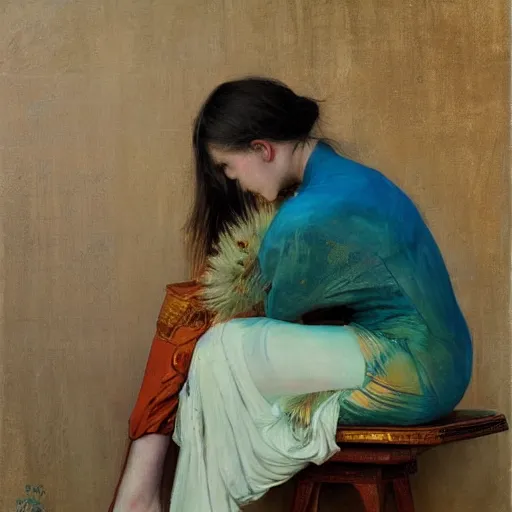 Image similar to painting by frederic edwin church, balaskas christoper, conrad roset, coby whitmore, and chie yoshii. of a beautiful girl sitting on a stool facing away from viewer in bungalow