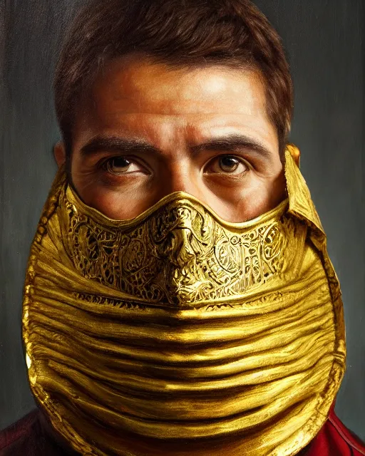 Prompt: oil painting portrait of man with a golden mask, photorealistic, shaded, cinematic lighting, high production value, intricate details, high resolution, hdr, high definition, masterpiece, realistic, ultrarealistic, highly detailed, hd, sharp focus, non blurry, sharp, smooth