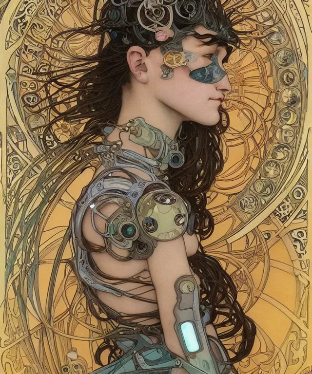 Image similar to realistic detailed portrait of a humanoid mecha cyberpunk! goddess by Alphonse Mucha and Charlie Bowater and art germ, rule of thirds, golden ratio, Art Nouveau! cyberpunk! style, mechanical accents!, mecha plate armor, flowing wires with leaves, art nouveau accents, art nouveau patterns and geometry, rich deep moody colors, portrait style with the subject in the middle of the frame