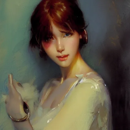 Image similar to a high fashion studio portrait of a cute anime girl, painting by gaston bussiere, craig mullins, j. c. leyendecker