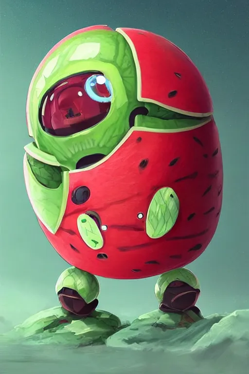 Image similar to cute anthropomorphic watermelon Tachikoma, Tachikoma made of watermelon, tiny, small, miniature Tachikoma, baby watermelon Robot, short, pale blue armor, cute and adorable, pretty, beautiful, DnD character art portrait, matte fantasy painting, cgsociety Artstation, by Jason Felix by Steve Argyle by Tyler Jacobson by Peter Mohrbacher, cinematic lighting