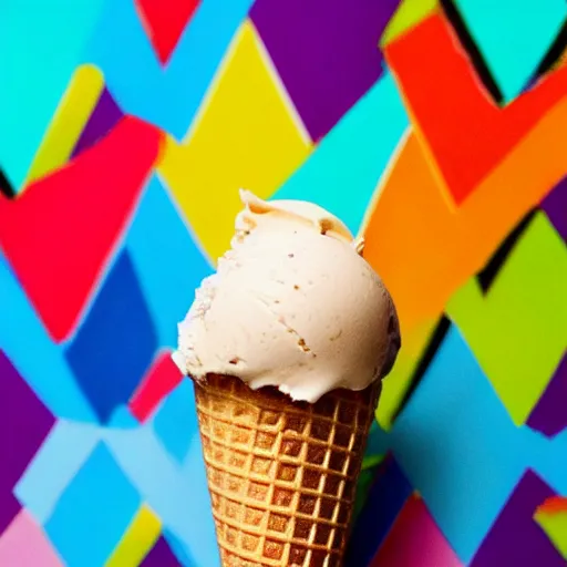 Prompt: close up on an ice cream cone colorful food photography