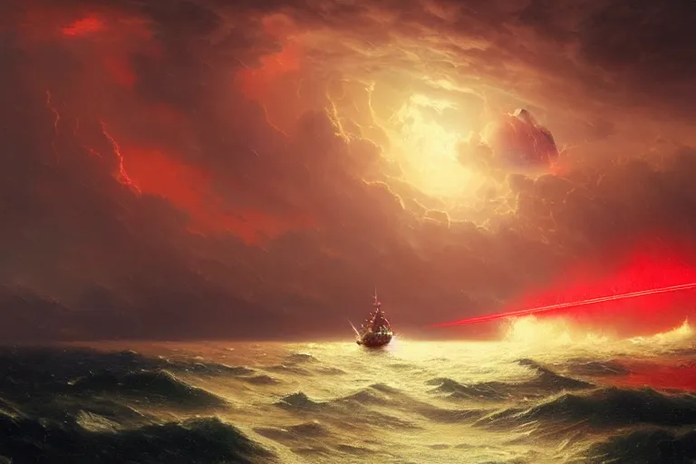 Image similar to A beautiful matte painting of huge spherical alien spaceship attacking with powerful red lasers Ship in ocean in thunderstorm by Greg Rutkowski and Ivan aivazovsky