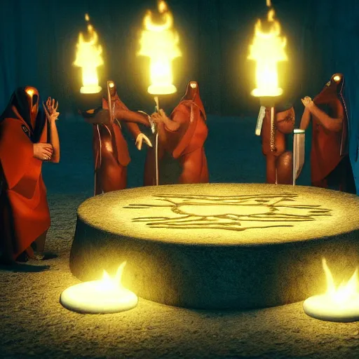 Image similar to 8 k hd detailed octane render of cultists performing an occult ritual