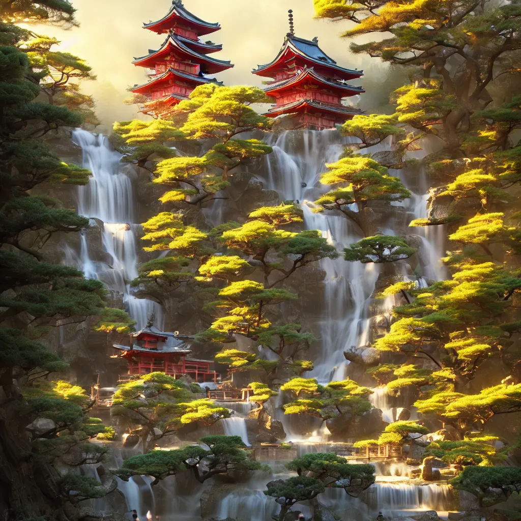 Prompt: A magical Japanese temple garden on a sunny day, dreamy feeling waterfalls, art by Andreas Rocha and greg rutkowski, highly detailed, digital painting, matte painting, concept art, illustration, warm lighting, trending on artstation, very detailed