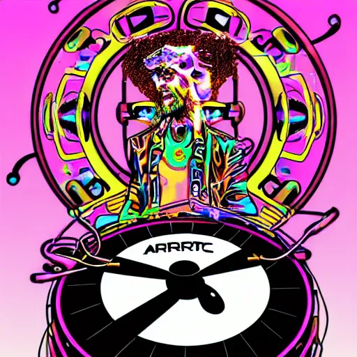 Image similar to svg sticker of a Dancing-Alex-Grey-Psychedelic-Rave-Man, at a rave, spinning records, giant headphones rocking out, wearing headphones, huge speakers, dancing, rave, DJ, spinning records, digital art, amazing composition, rule-of-thirds, award-winning, trending on artstation, featured on deviantart