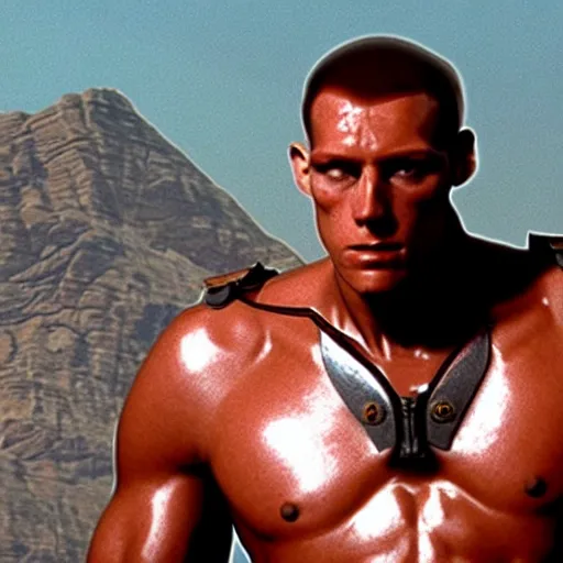 Image similar to tall muscular soldier with rock skin, still from the movie aliens