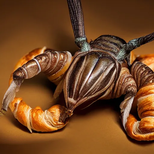 Image similar to a weta made out of croissant. high quality, high resolution, studio lighting