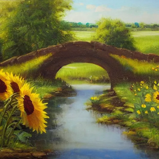 Image similar to Stone bridge over brook, pastoral scene. Summer, sunflowers. Oil on canvas, award winning