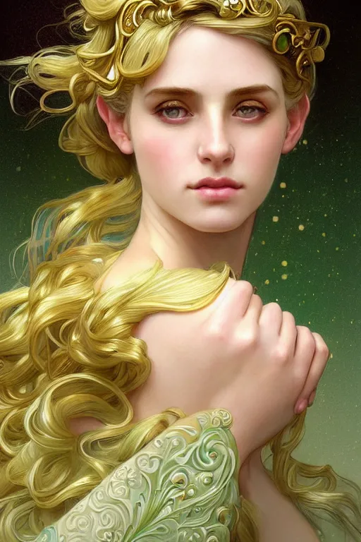 Prompt: portrait of athena , fantasy, gradient white green gold, dreamy and ethereal, green eyes, golden ratio, peaceful expression, ornate frilly dress, fantasy, intricate, elegant, golden clouds, highly detailed, digital painting, artstation, concept art, smooth,b sharp focus, illustration, art by artgerm and greg rutkowski and alphonse mucha