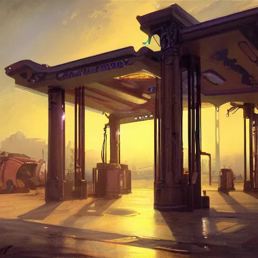 Prompt: painting of syd mead artlilery scifi organic shaped gas station with ornate metal work lands on a farm, roman architecture, volumetric lights, purple sun, andreas achenbach