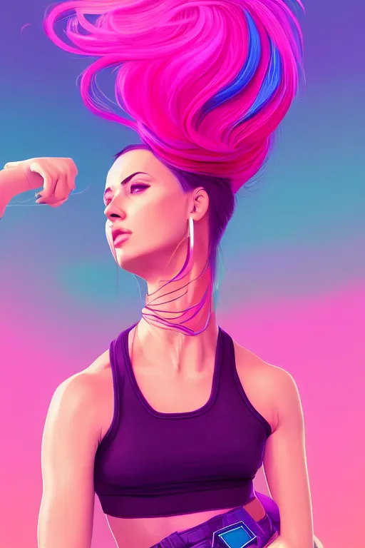 Image similar to a award winning half body porttrait of a beautiful woman in a croptop and cargo pants with ombre purple pink teal hairstyle with head in motion and hair flying, outrun, vaporware, shaded flat illustration, digital art, trending on artstation, highly detailed, fine detail, intricate