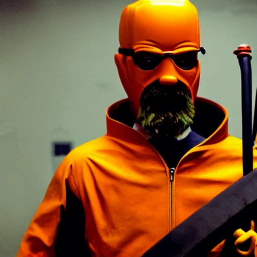 Image similar to Bryan Cranston as Gordon Freeman, holding a crowbar, in Freeman's suit, still from a movie