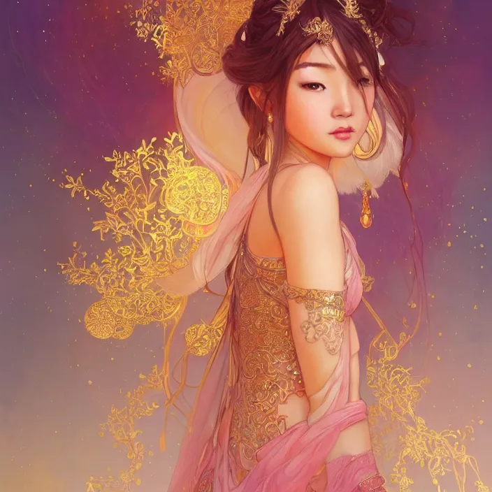 Image similar to asian princess with sparkling eyes, full body portrait, highly detailed, gold filigree, fantasy, soft cinematic lighting, award, disney concept art, watercolor illustration by mandy jurgens and alphonse mucha and alena aenami, pastel color palette, featured on artstation
