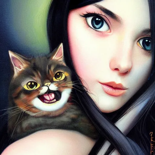 Prompt: a painting of cute emo girl, with long dark hair, thick eyebrows, dark eyes and dark circles wide nose, big eyes, oval face, big cheeks holding her cat, photorealistic painting by tran nguyen ilya kuvshinov and greg rutkowski featured on deviantart, detailed painting