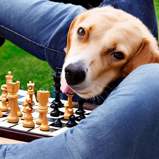 Prompt: a dog playing chess